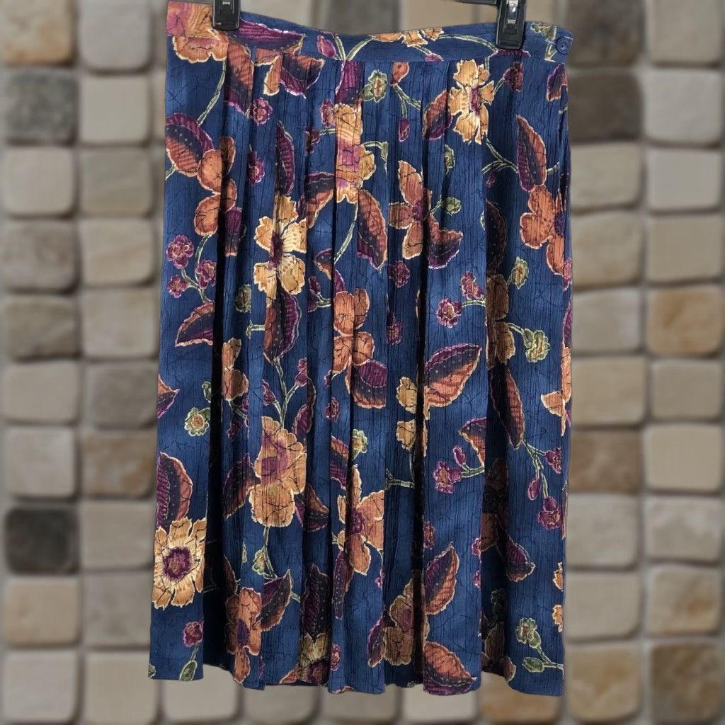 Vintage VINTAGE Alfred Dunner Skirt 16p Blue Floral Midi Straight Pleats 31”W CottageCore Boho Y2K 90s Size 38" / US 16 / IT 52 - 1 Thumbnail