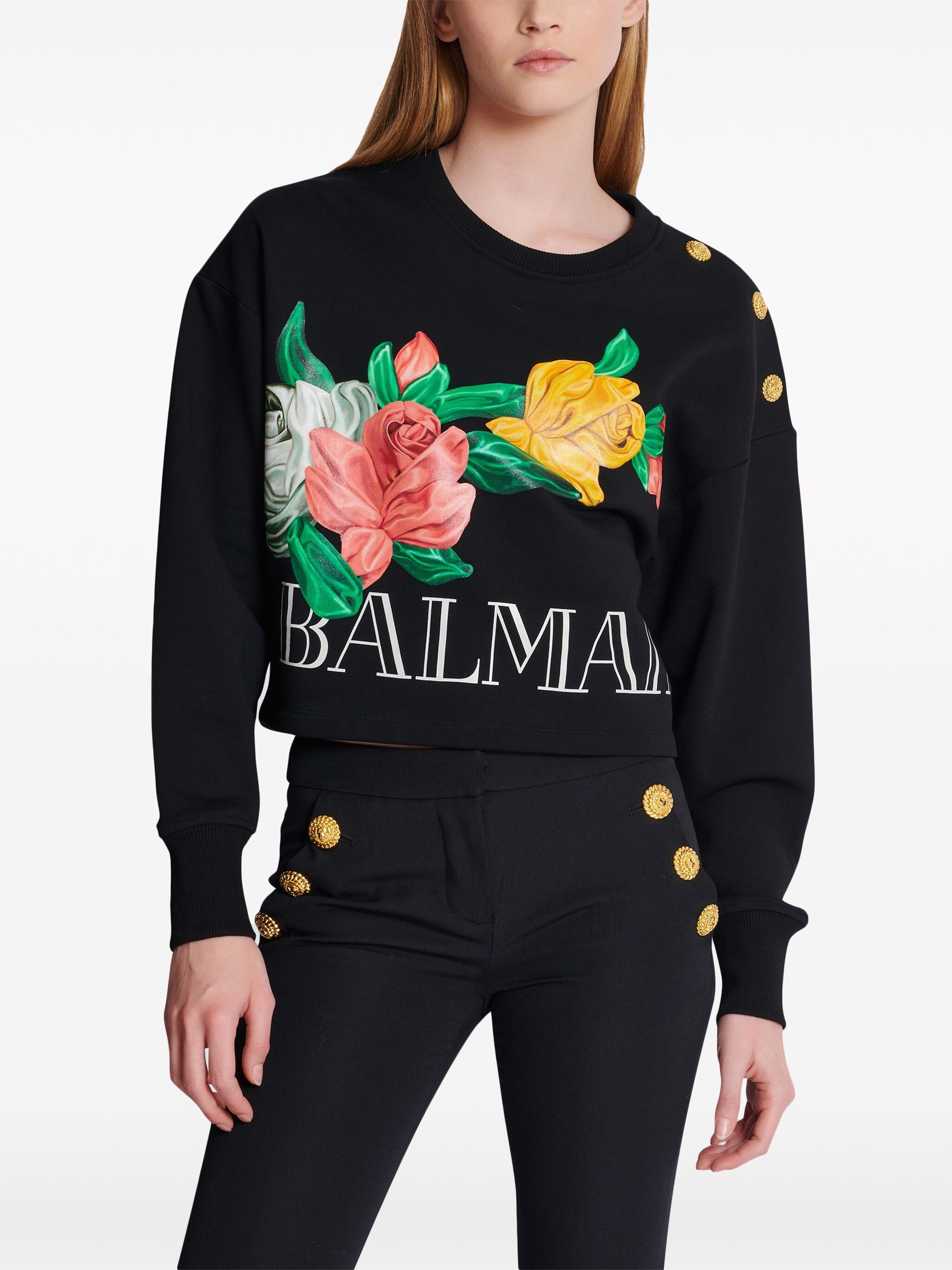 Balmain o1s1wg110125 Rose-Print Cropped Sweatshirt in Black Size M / US 6-8 / IT 42-44 - 6 Thumbnail