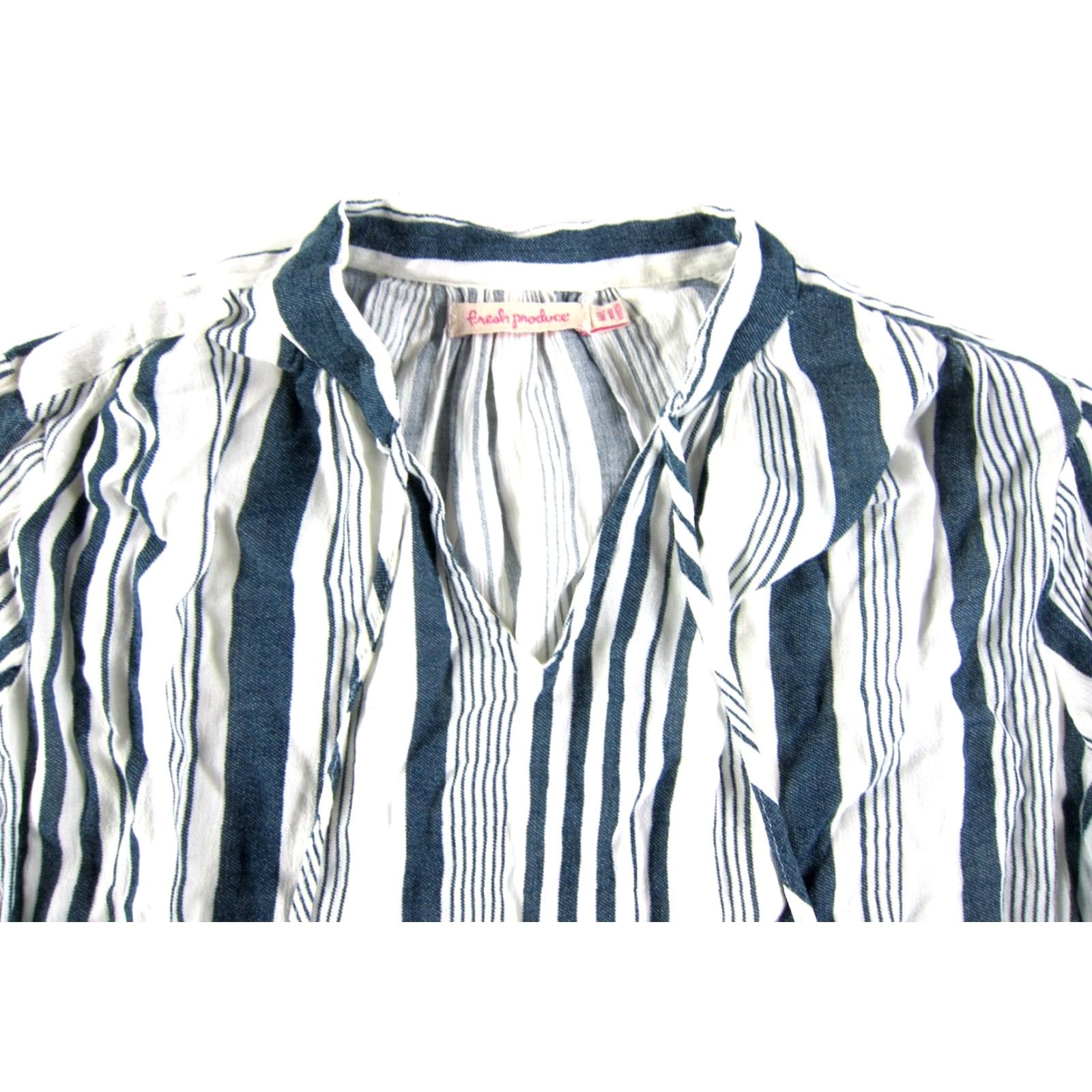 Vintage Fresh Produce Blouse M/L 3/4 Sleeve V-Neck Tunic Blue White Stripe Rayon Womens Size M / US 6-8 / IT 42-44 - 4 Thumbnail
