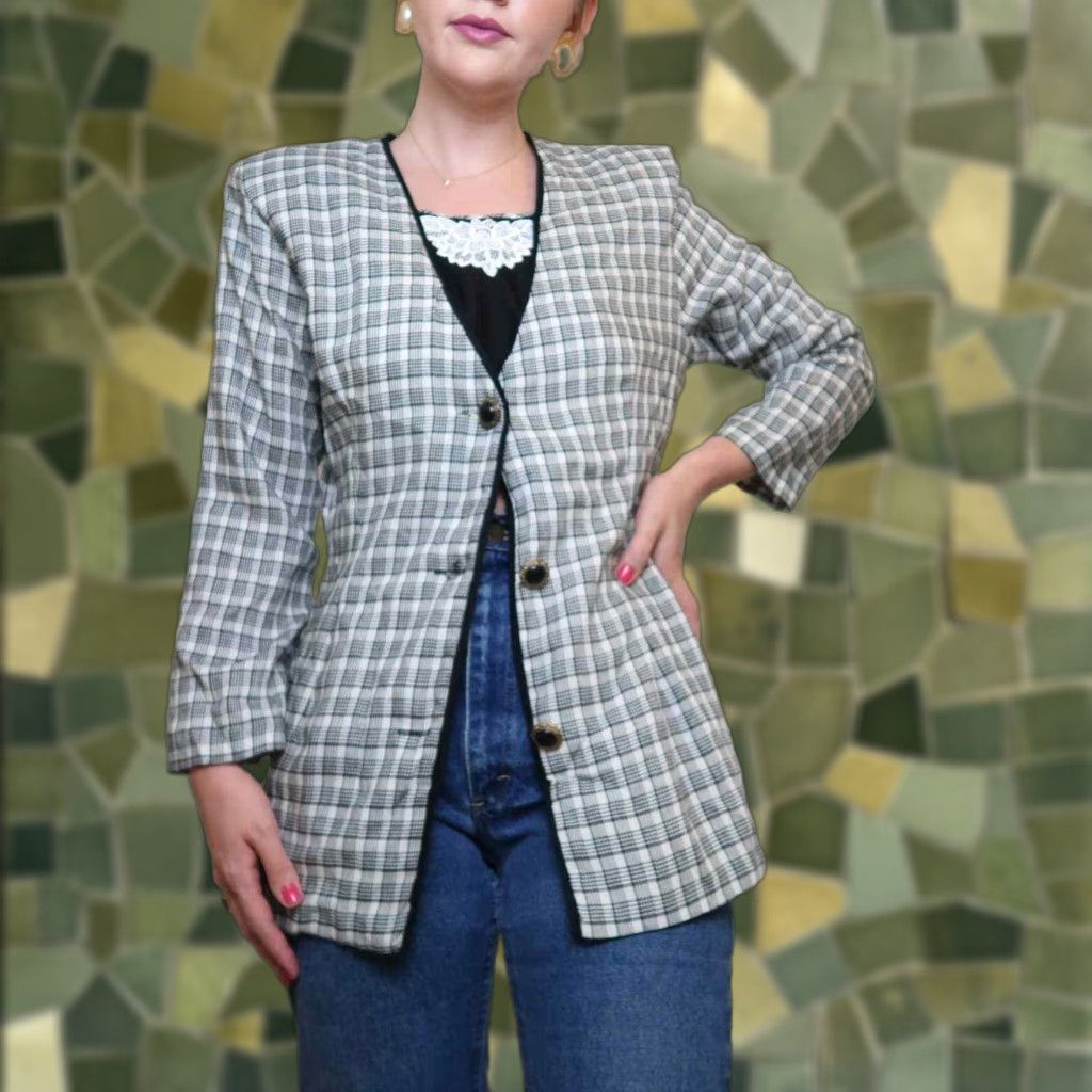Vintage VINTAGE 90s Sketch Blazer Shirt Cream Plaid Lace Dicky M Mens Women? Size M / US 6-8 / IT 42-44 - 1 Thumbnail