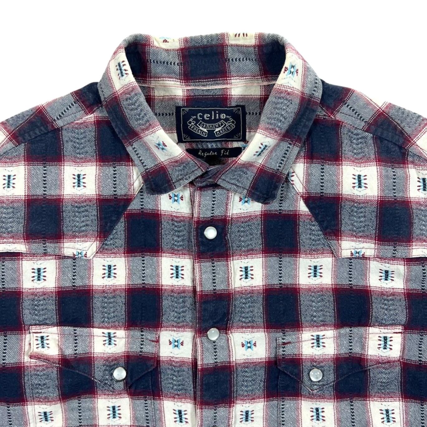 Celio Celio Regular Fit Patterned Plaid Check Western Style Popper Long Sleeve Shirt Large Navy Check Mens Size US L / EU 52-54 / 3 - 2 Thumbnail