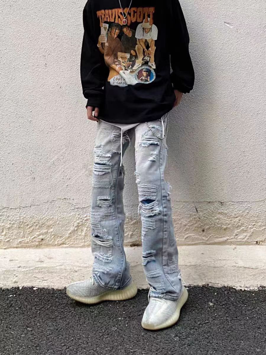 Street hip hop washed random ripped loose jeans