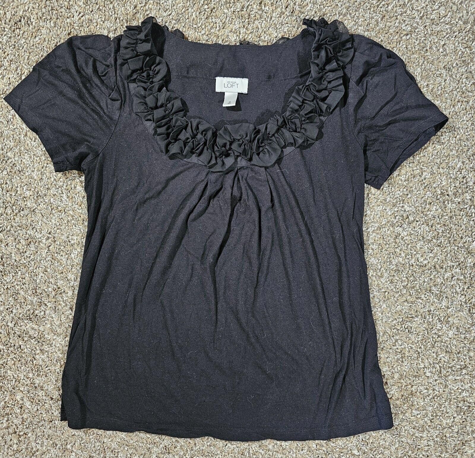 Designer Ann Taylor LOFT Black Modal Short Sleeve Ruffled Neck Top M Size M / US 6-8 / IT 42-44 - 1 Thumbnail