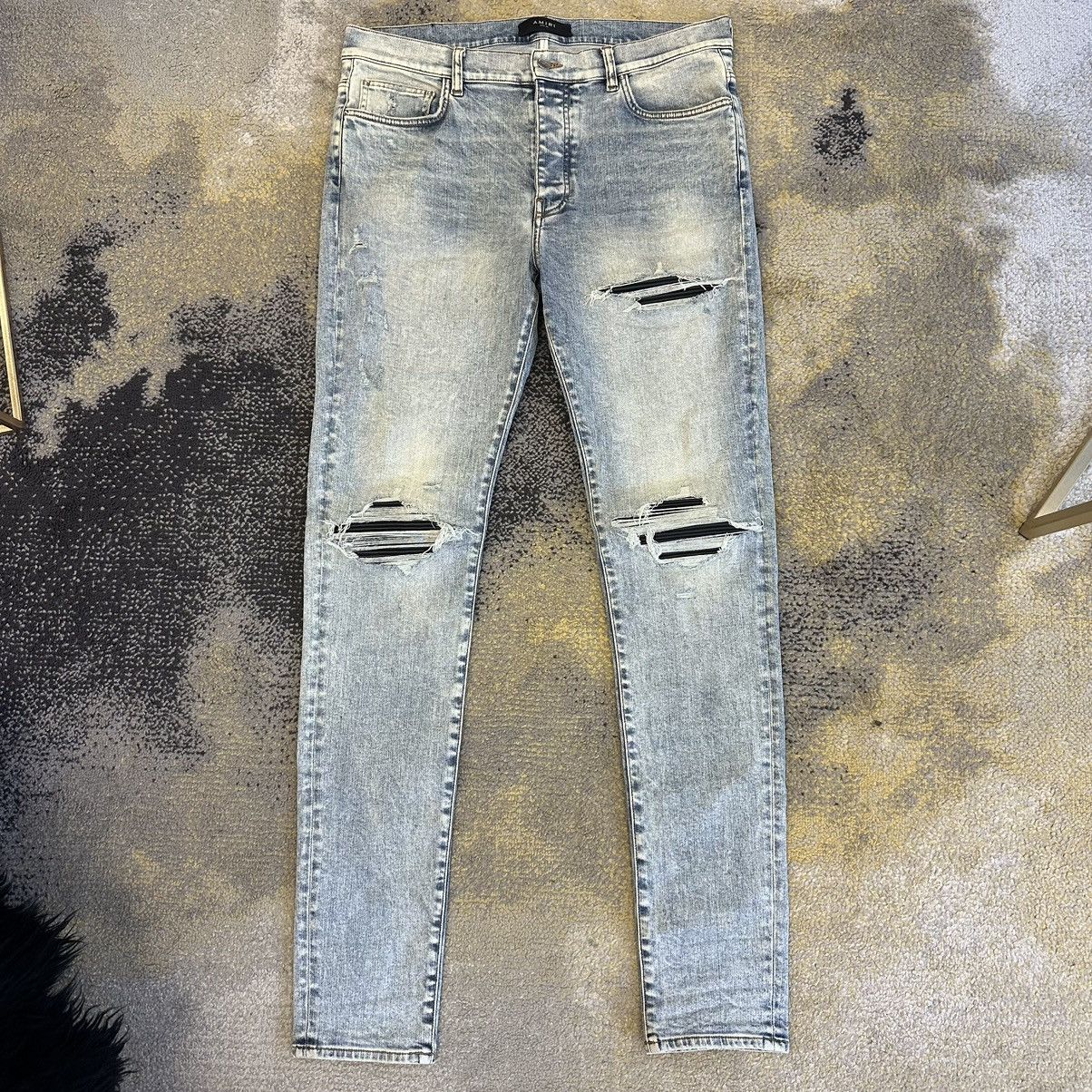 Amiri Washed Blue MX1 Black Leather Denim Size 36