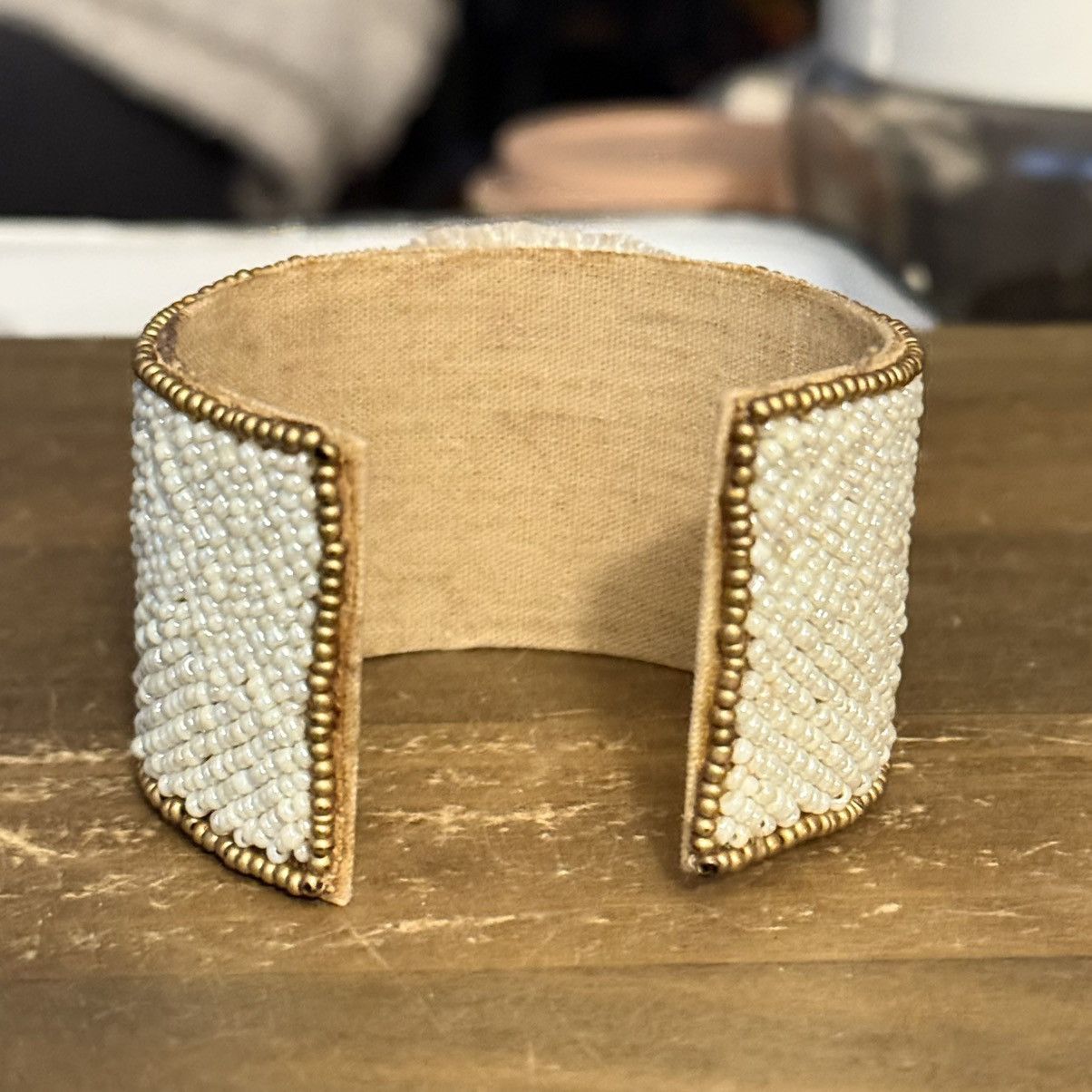 Other Handmade white and gold beaded rhinestone wide cuff bracelet Size ONE SIZE - 5 Thumbnail