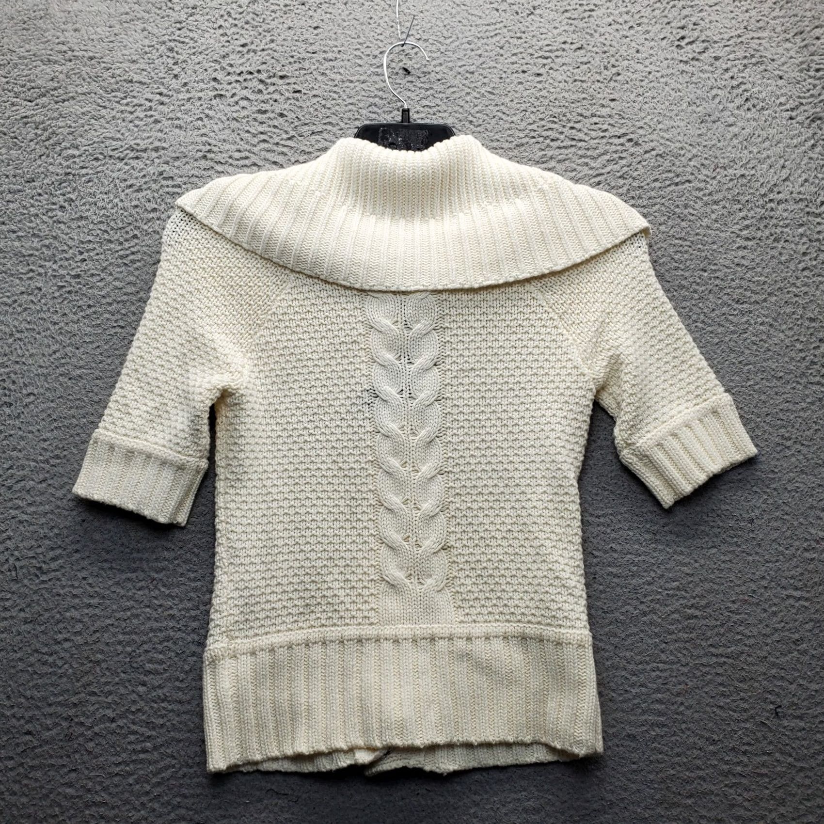 Express Express Cardigan Sweater Womens Small Tan Chunky Open Knit Fold Over Neck Snap Size S / US 4 / IT 40 - 2 Thumbnail