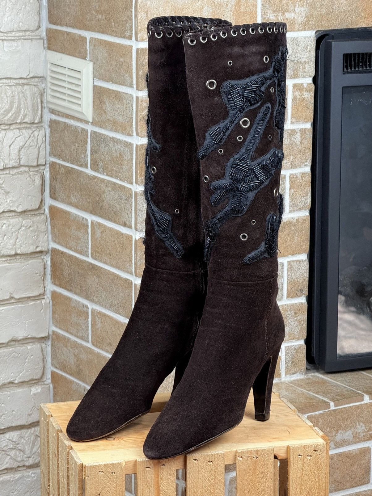 Prada × Vintage Prada Brown Suede Beads Knee High Heels Boots Size US 9 / IT 39 - 1 Thumbnail