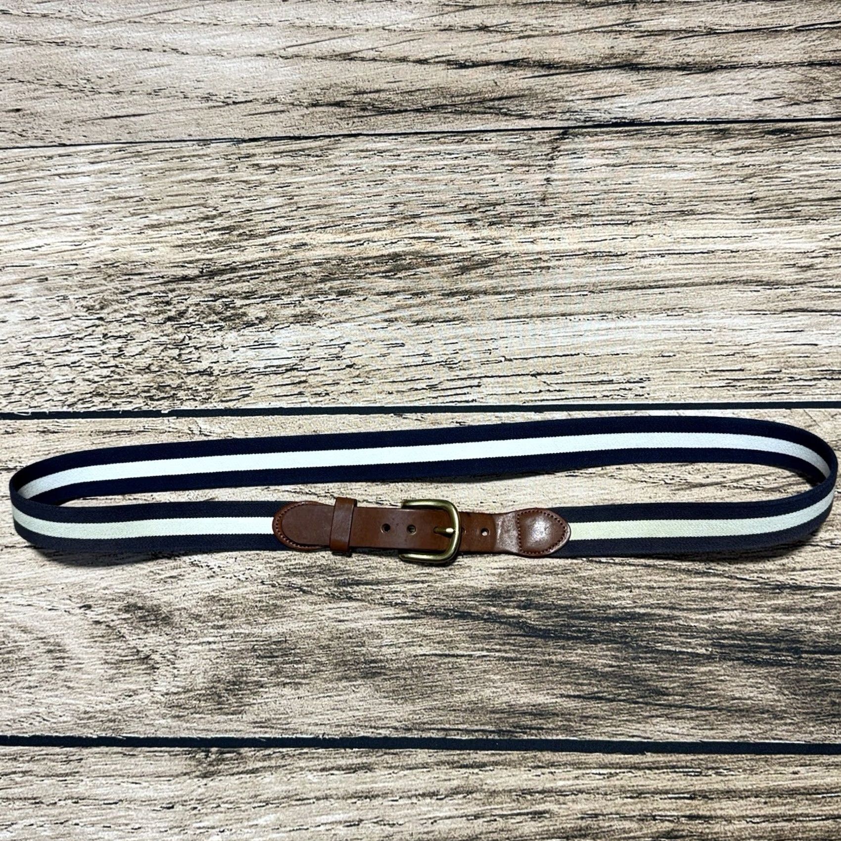Vintage J Press Belt Mens 42 Brown Canvas Leather Blue White Striped Brass Buckle Adjustable Regular US University Preppy Size 42 - 5 Thumbnail