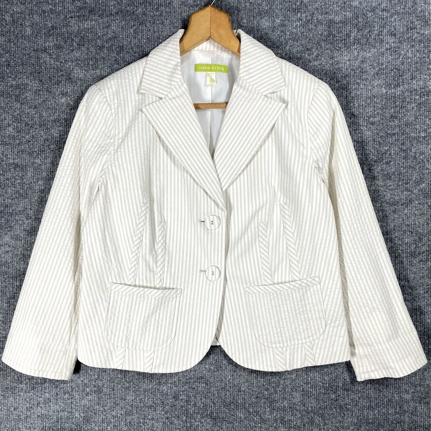 Vintage Sigrid Olsen Blazer Jacket Womens Petite 6 Seersucker Striped Summer Ivory Long Sleeve Seamless Size M / US 6-8 / IT 42-44 - 2 Thumbnail