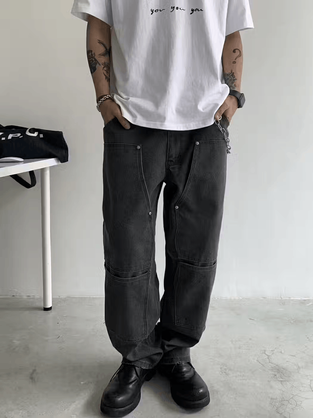 image of Washed Black Double Knee Work Faded Cargo Jeans, Men's (Size 33)