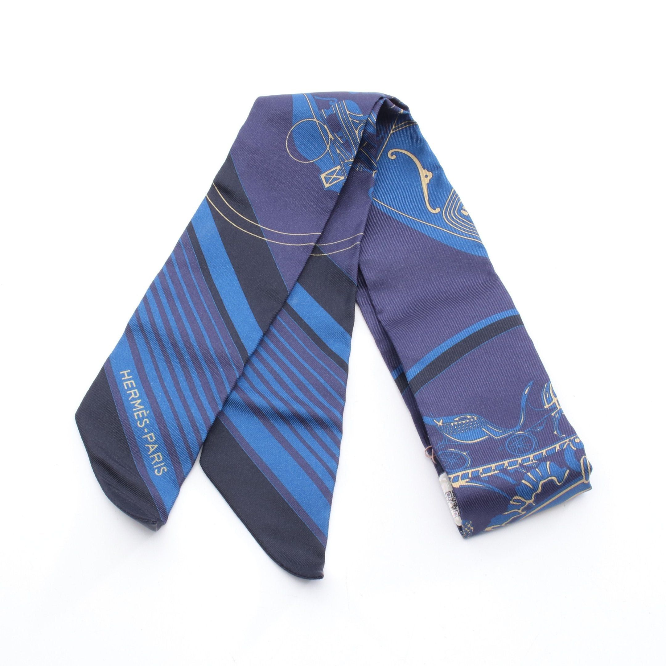 Hermes Hermes Twilly Ex Libris Ribbon Scarf Silk Navy Blue Multicolor Size ONE SIZE - 1 Thumbnail