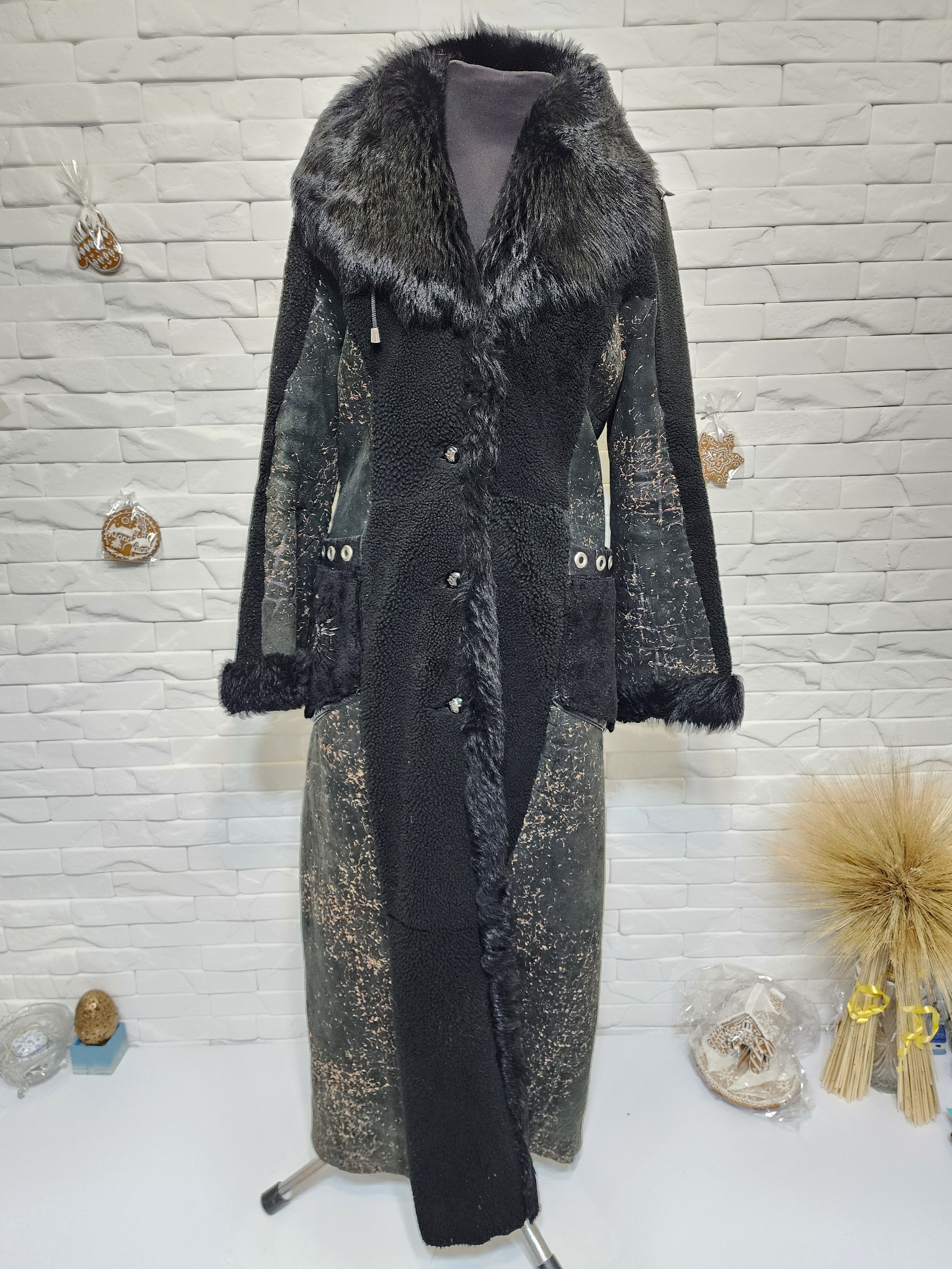 Black Sheepskin Coat: Women's Fur Coat  Button Front