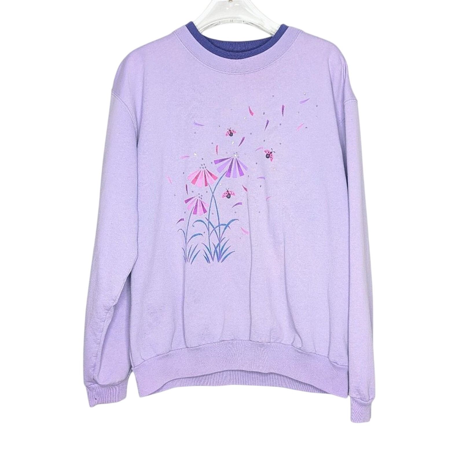 Vintage Vintage Purple Crewneck Sweatshirt Dandelion Ladybug Print Size L / US 10 / IT 46 - 1 Thumbnail