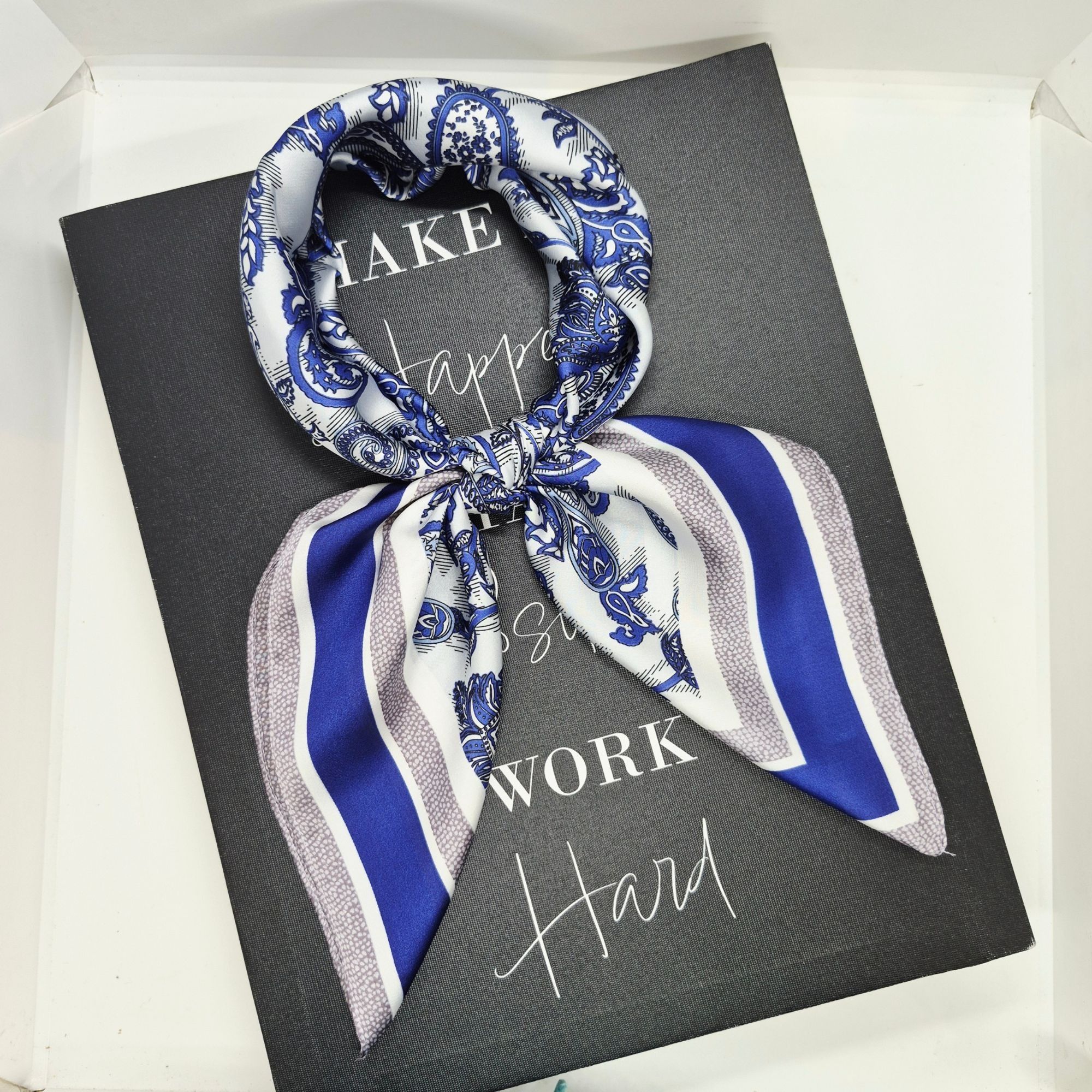 Other Luxury Blue White Paisley Geometric Silky Square Scarf Head Size ONE SIZE - 2 Thumbnail