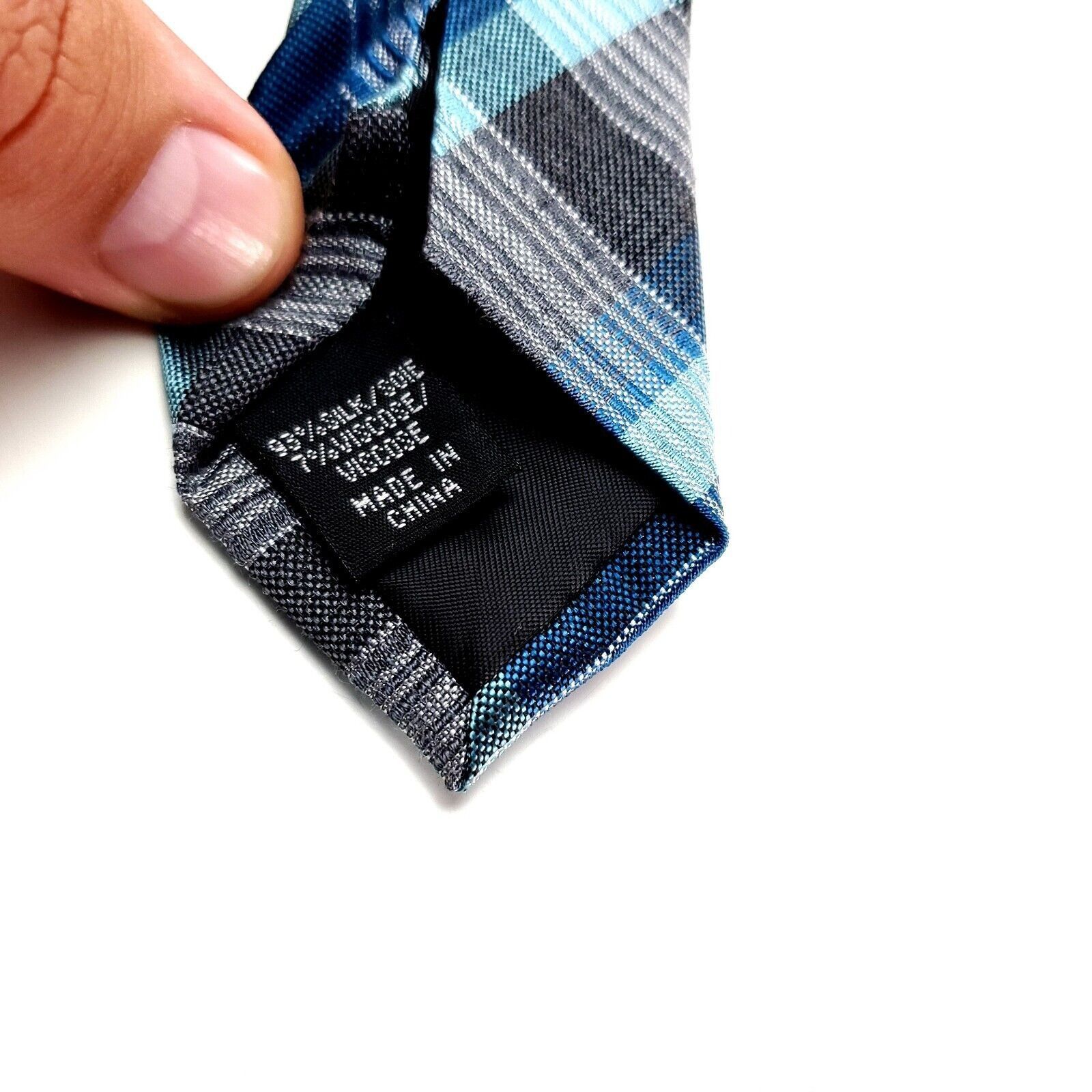 Kenneth Cole Kenneth Cole Reaction Silk Tie Blue Gray Plaid Skinny Woven Size ONE SIZE - 4 Thumbnail