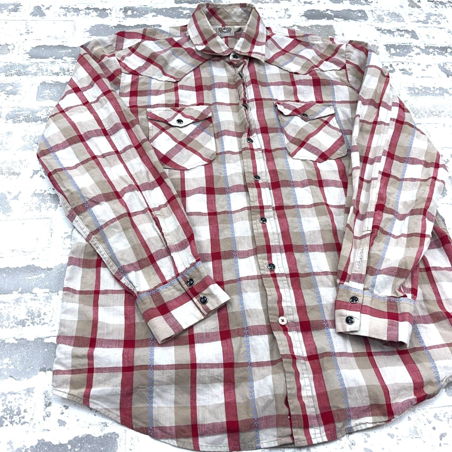 YOKE Cinch Shirt Men Large Red Tan Pearl Snap Plaid Western Cowboy Rodeo Yoke Pockets Size US L / EU 52-54 / 3 - 3 Thumbnail