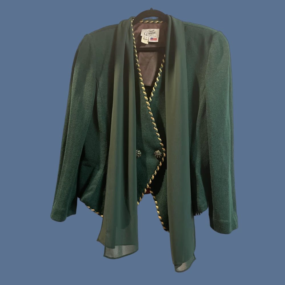 Vintage VINTAGE Sicari Evenings Blazer Womens 14 Green Gold Trim Button Jacket USA 90s Holiday Formal Party/Cocktail Mens? Women Size XL / US 12-14 / IT 48-50 - 1 Thumbnail