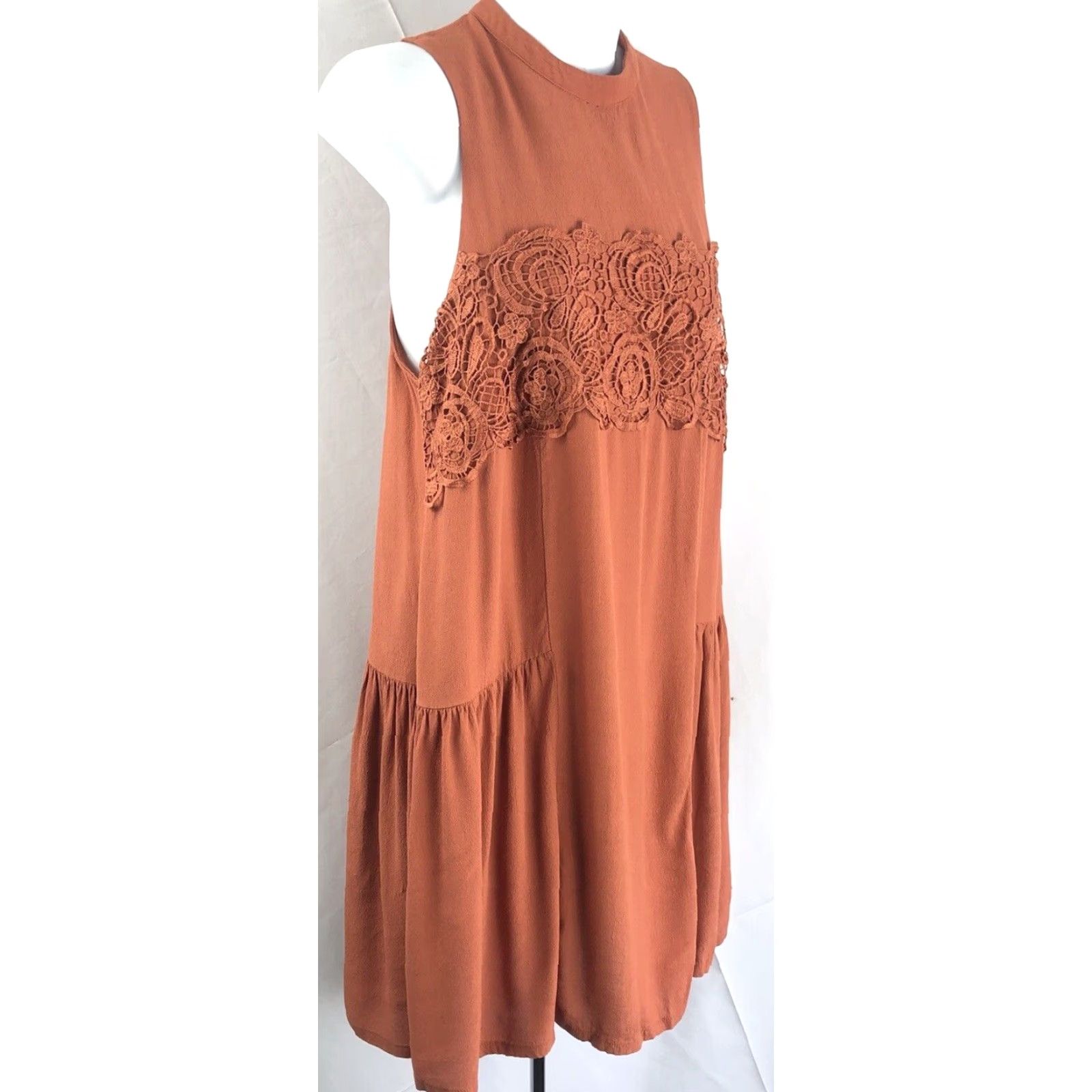 VINTAGE Forever 21 Frock Dress Mini Boho Hippie Sleeveless High Neck Lace  Pleated Orange M Adult
