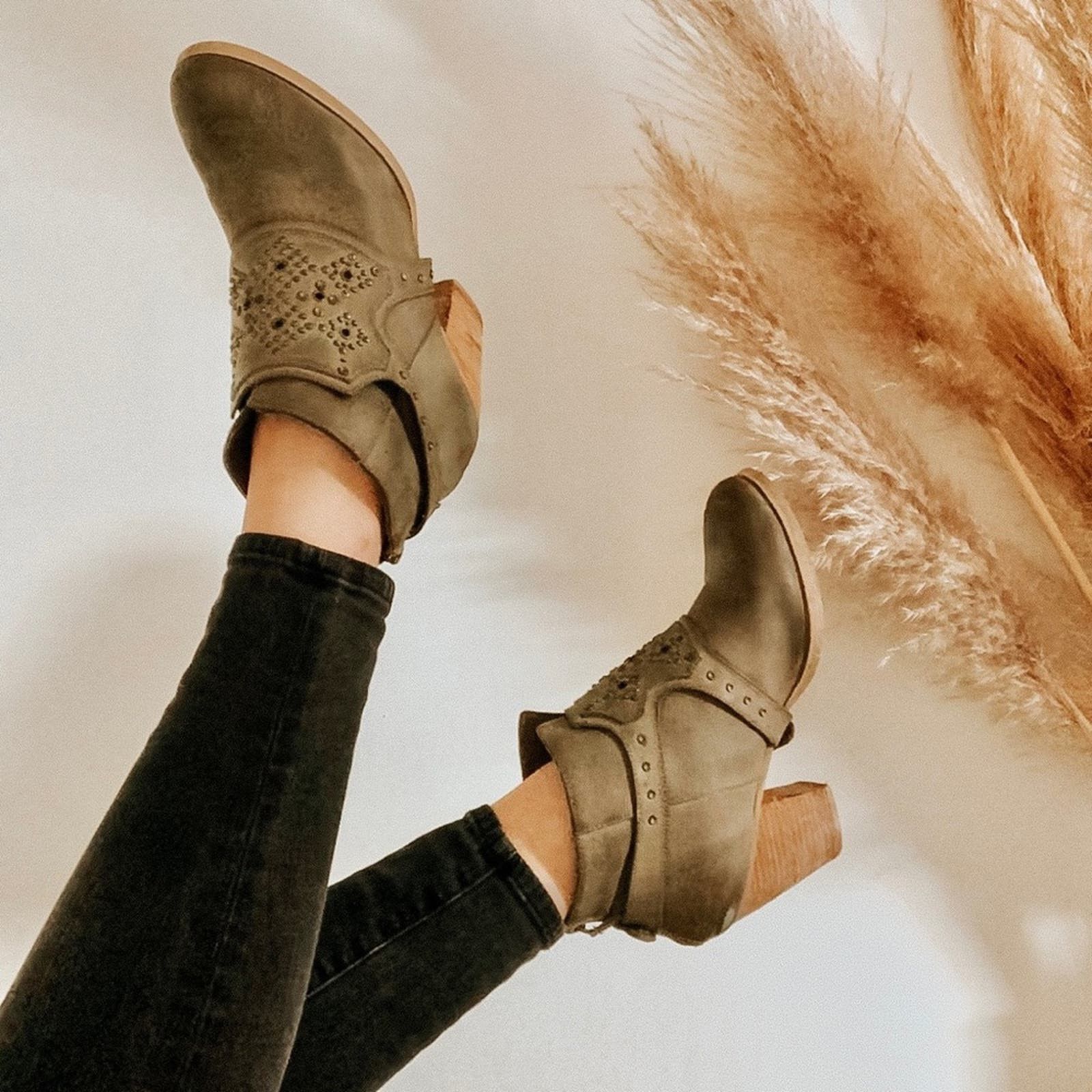 Urban Outfitters Studded Beige Tan Strap Buckle Ankle Boot