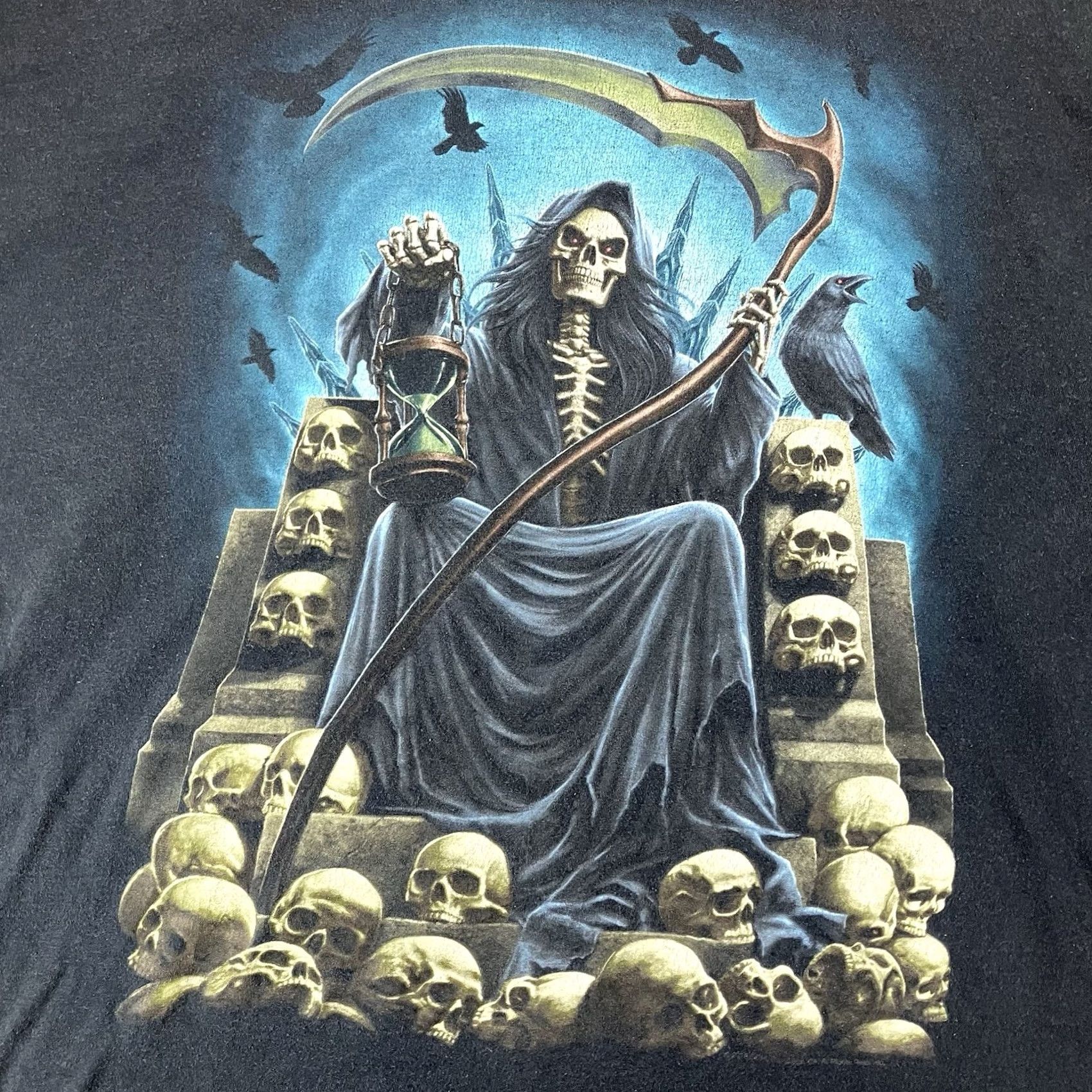 Vintage VINTAGE D.O.M 2018 Grim Reaper with Skulls T-Shirt Mens 2XL Black Graphic Tee Size US XXL / EU 58 / 5 - 3 Thumbnail
