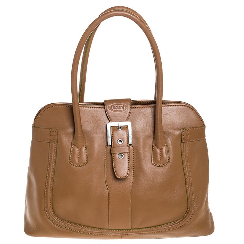 image of Tods Tod's Tan Leather Buckle Satchel in Black, Women's