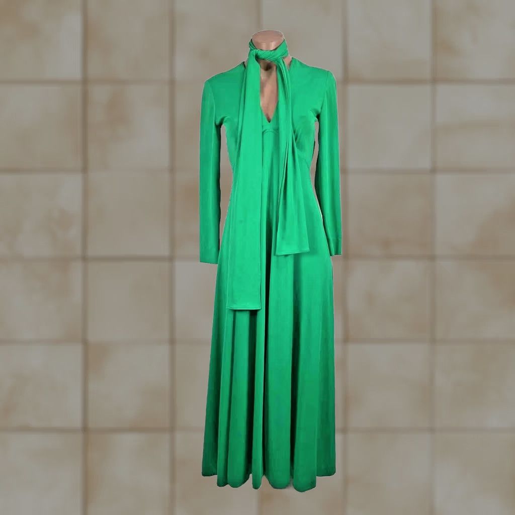 Vintage Victor Costa Maxi Dress Long Sleeve Vintage 60s 70s Kelly Green V-Neck Size 6 Womens Size M / US 6-8 / IT 42-44 - 1 Thumbnail