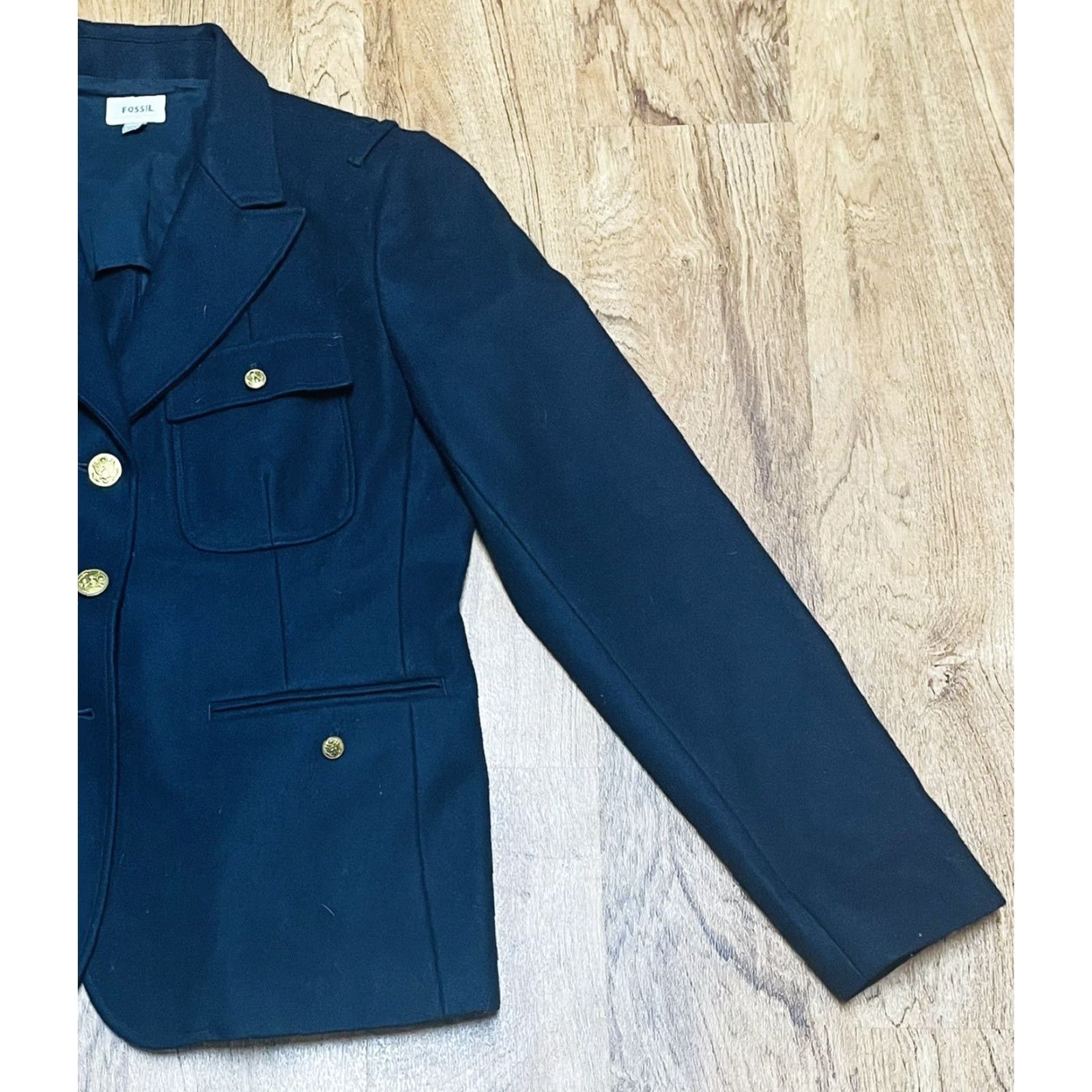 Fossil VINTAGE Fossil Navy Blue Button Up Jacket PeaCoat Sz Large Missing Button Women’s Wool Coat Capes? Size L / US 10 / IT 46 - 2 Thumbnail