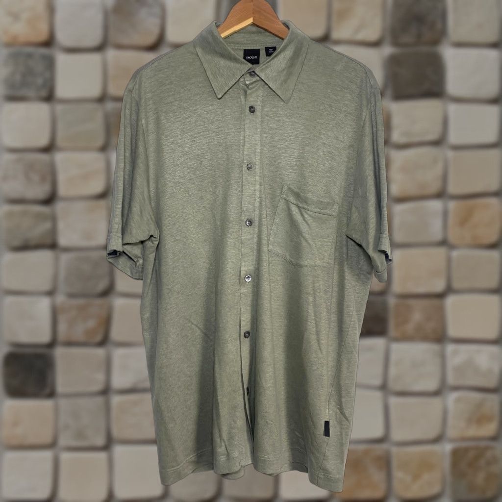 Hugo Boss HUGO BOSS Shirt Button-Up Short Sleeve Linen Sage Green XL L Men’s Regular Size Size US L / EU 52-54 / 3 - 1 Thumbnail