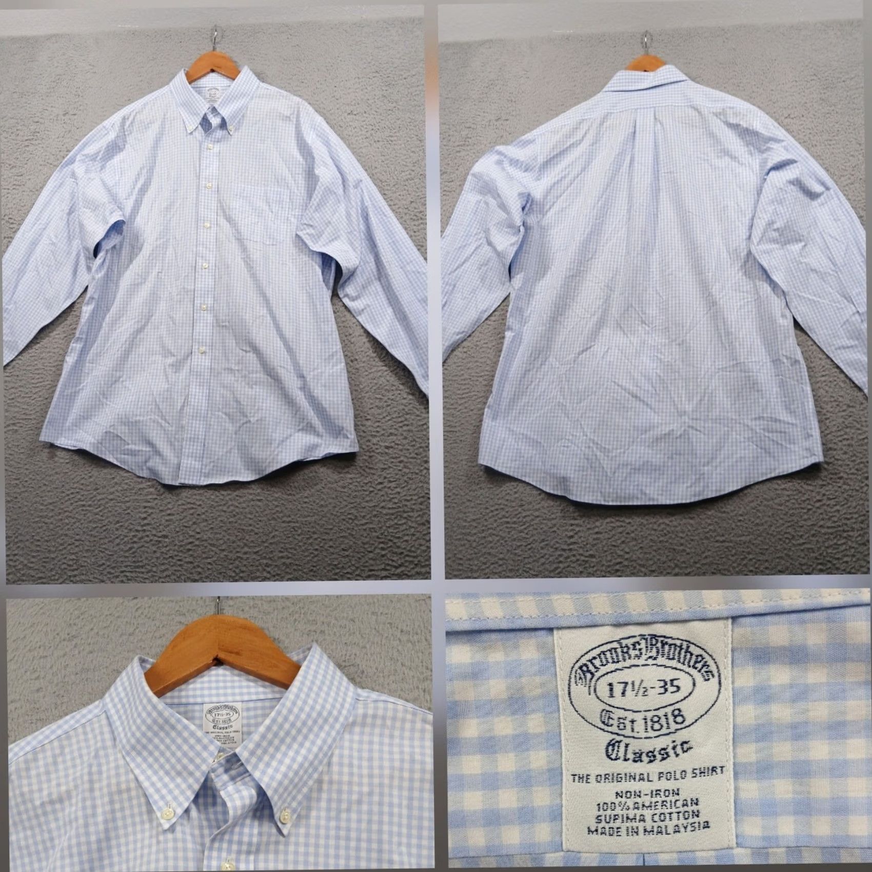 Brooks Brothers Brooks Brothers Dress Shirt Gingham 17.5 35 Blue Non-Iron Supima Classic Fit Button-Down Collar EUC Mens Shirt Size 48R - 2 Thumbnail