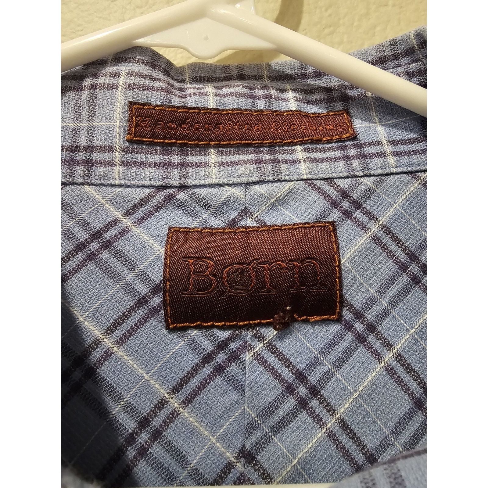 Born Born Button Up Mens L Blue Plaid Cotton Long Sleeve Size US XL / EU 56 / 4 - 2 Thumbnail