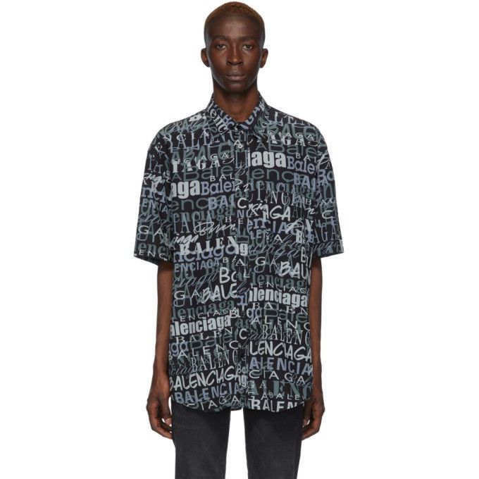 Balenciaga Balenciaga Black and Grey Silk Mixed Typo Shirt Size US L / EU 52-54 / 3 - 1 Thumbnail