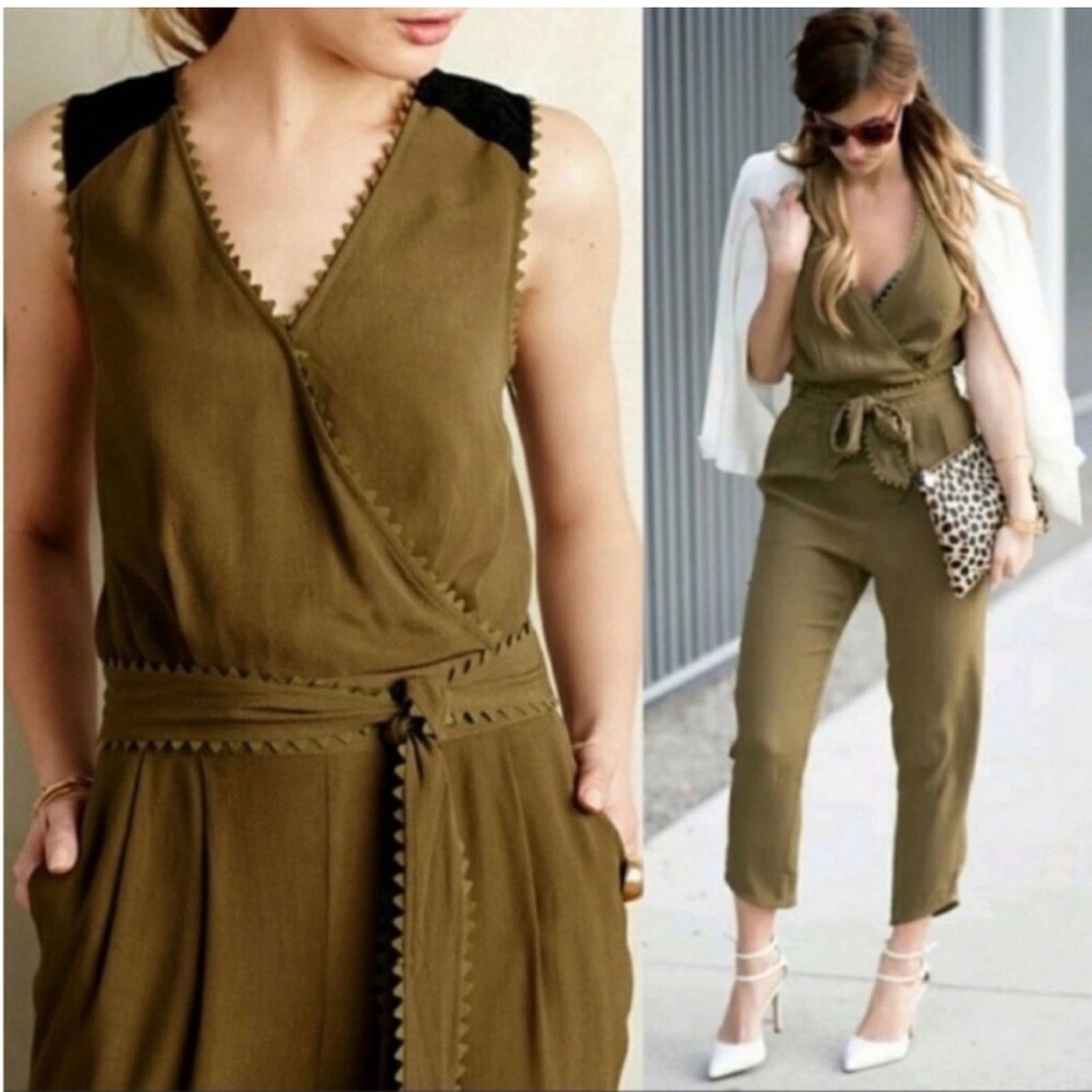 Anthropologie Anthropologie Leifsdottir Sani Green Surplice Wrap Jumpsuit Size 27" / US 4 / IT 40 - 1 Thumbnail