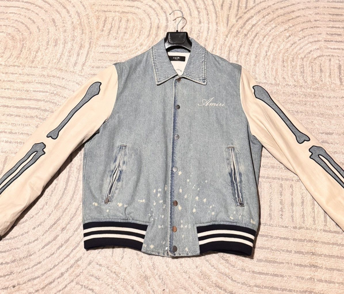 Amiri Amiri Blue Denim Leather Bones Varsity Jacket Size US M / EU 48-50 / 2 - 1 Thumbnail