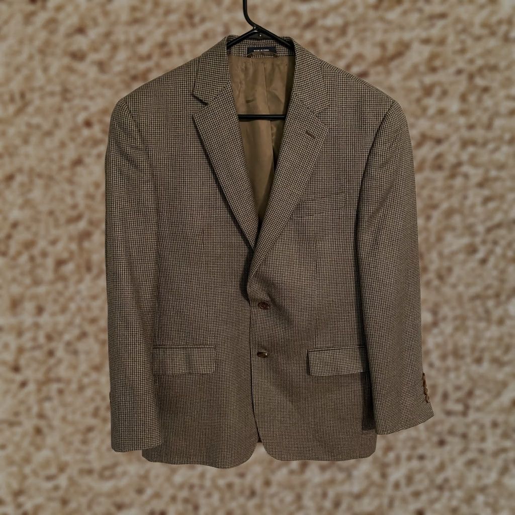 Ralph Lauren VINTAGE Ralph Lauren Blazer Shirt Coat - Houndstooth Plaid Silk Wool Beige - 40R Mens Size 40R - 1 Thumbnail