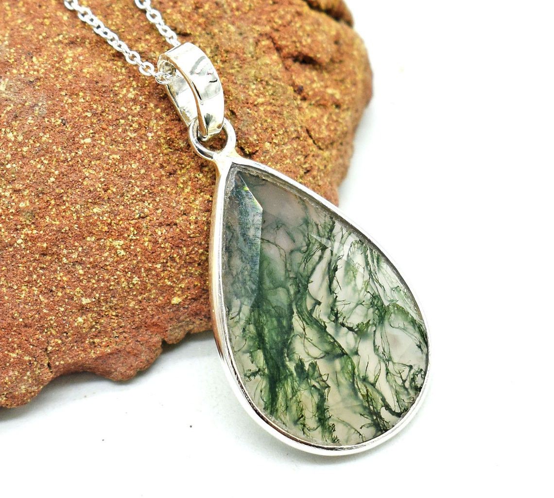Handmade Pear Moss Agate Pendant: Bezel Set, 925 Silver Necklace Size ONE SIZE - 3 Thumbnail
