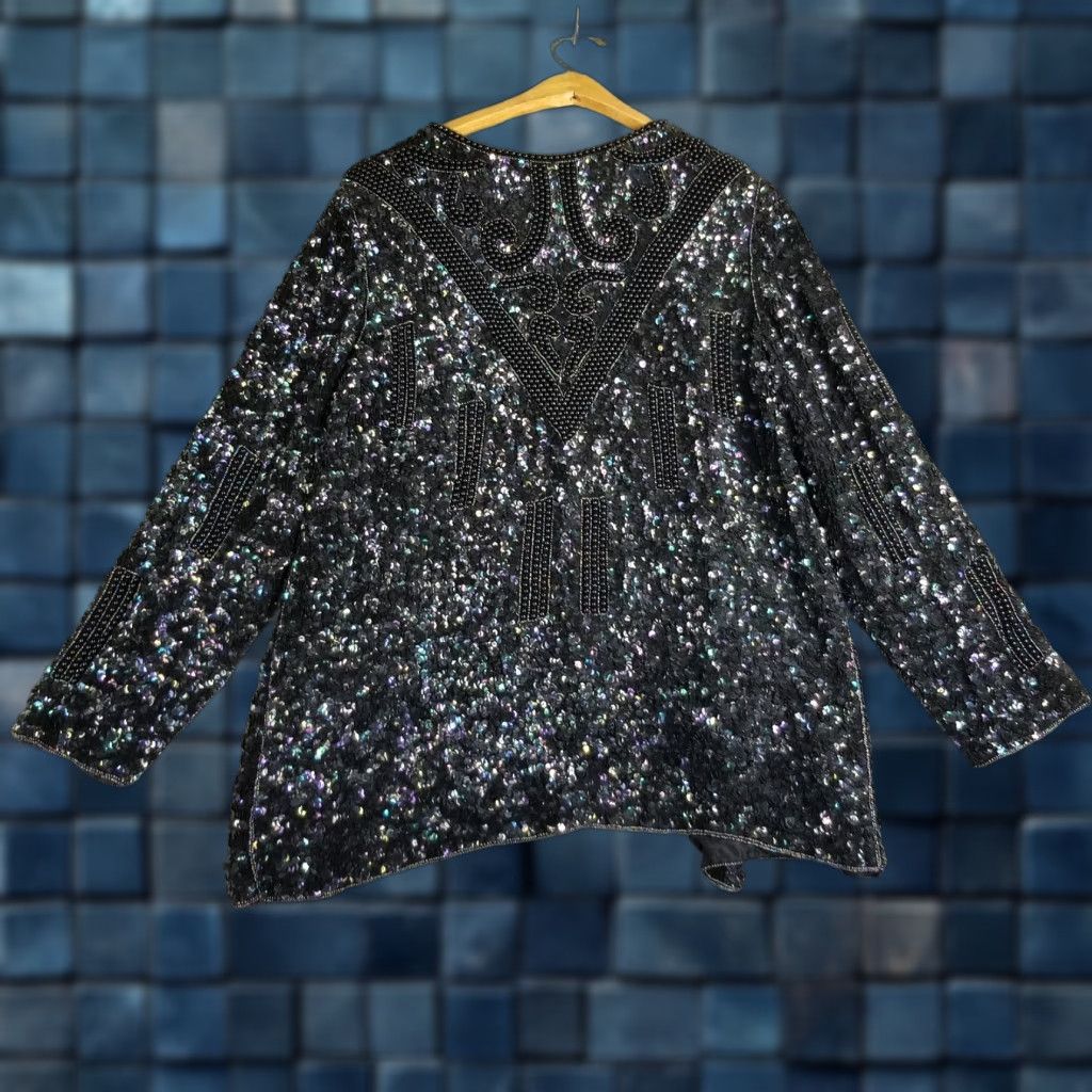 Vintage VINTAGE Boho Sequin Kimono Jacket Women Large Black All Seasons Geometric 20X29 Size 36" / US 14 / IT 50 - 1 Thumbnail