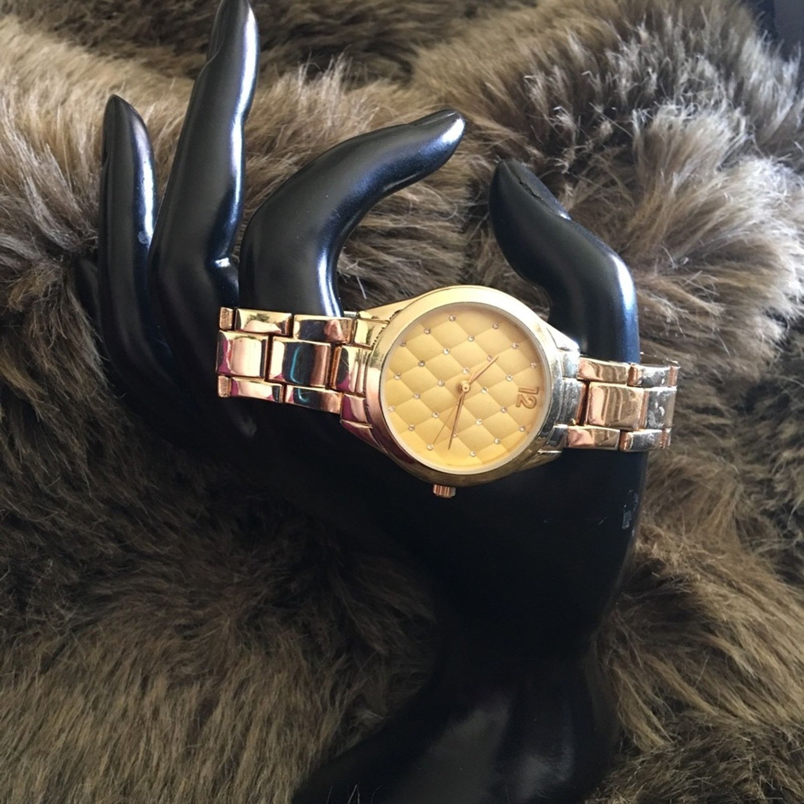 Jewelry Ladies gold tone steel quilted rhinestone watch Size ONE SIZE - 5 Thumbnail