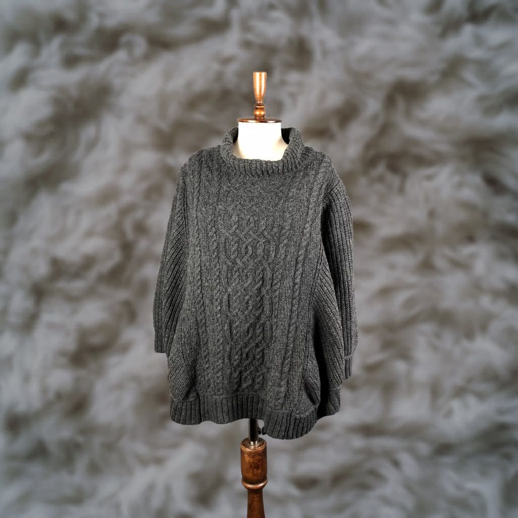 Vintage Aran Crafts Women's Knit Poncho M/L Dark Gray Merino Wool Knit Cape Sleeveless Turtleneck Casual Comfort Size M / US 6-8 / IT 42-44 - 1 Thumbnail