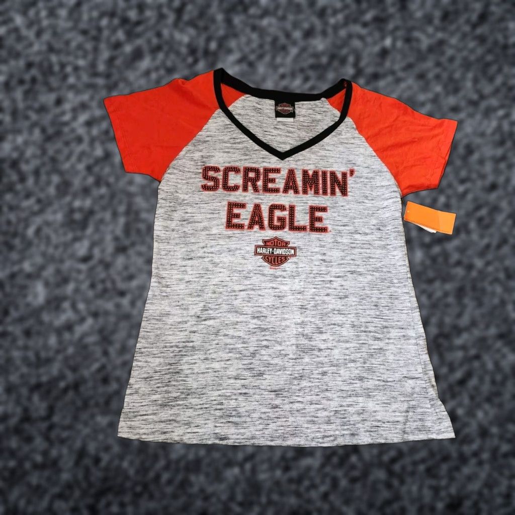 Harley Davidson Harley Davidson Women's Gray V Neck T Shirt L Screamin Eagle Rhinestones Biker Size L / US 10 / IT 46 - 1 Thumbnail