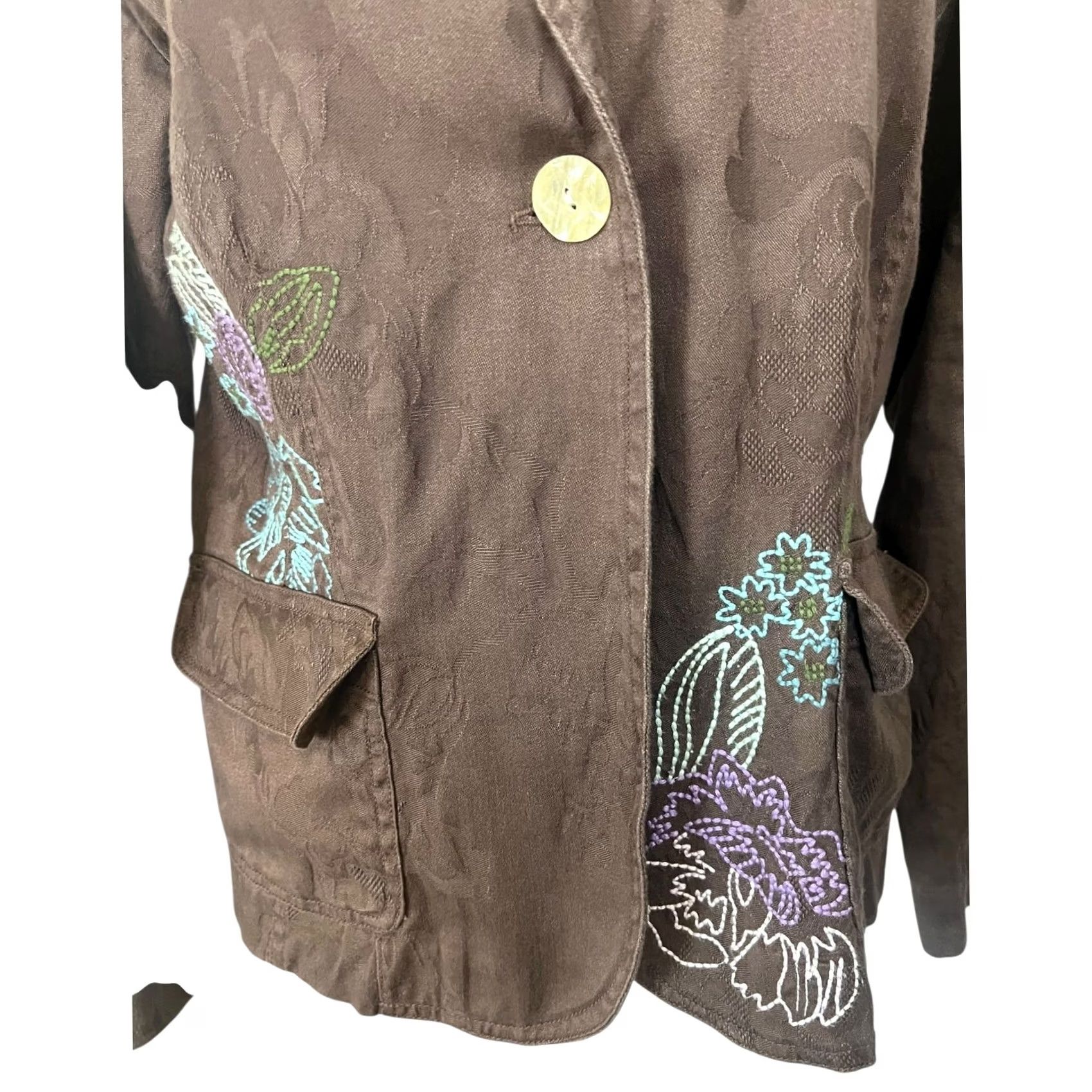 J. Jill J.Jill Blazer Brown Jacquard Embroidered Floral One-Button Cotton Size M Women's Jacket Size M / US 6-8 / IT 42-44 - 3 Thumbnail