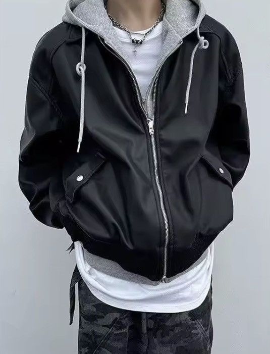 Japanese Brand Fake Two-Piece Double Zipper Leather Bomber - Black/Grey Size US XXL / EU 58 / 5 - 4 Thumbnail