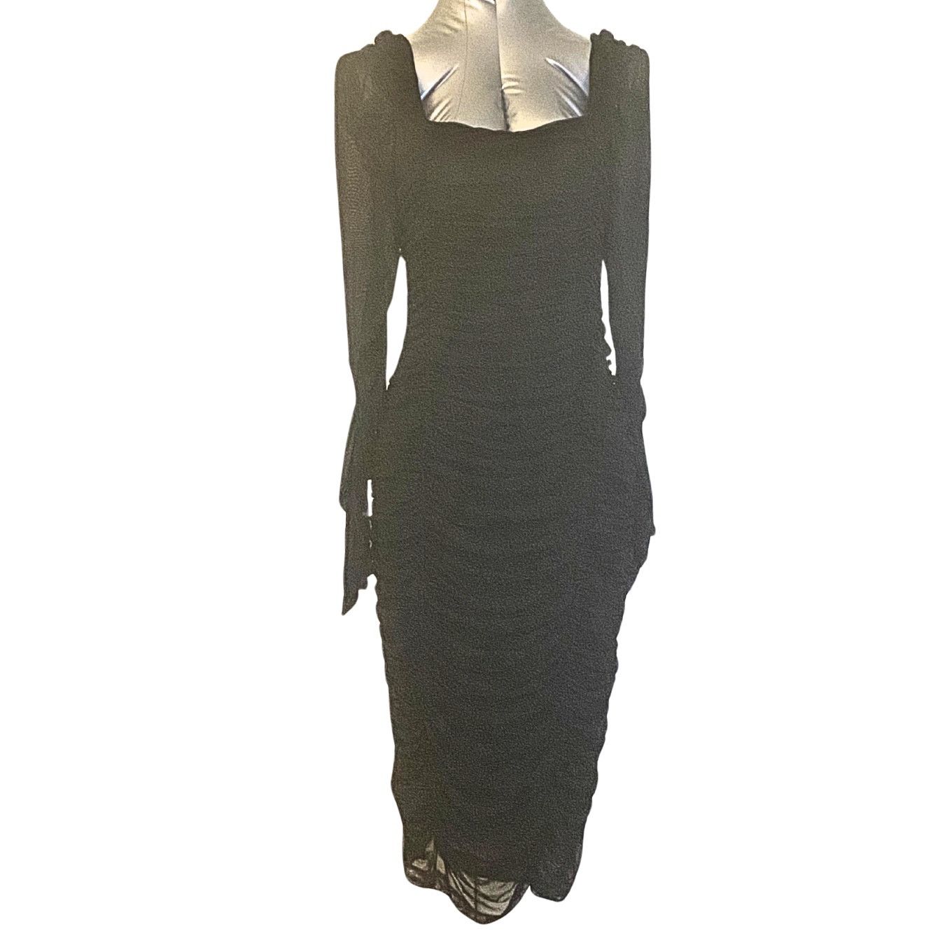 Shein Black Ruched Mesh Sleeve Midi Dress Size L / US 10 / IT 46 - 1 Thumbnail