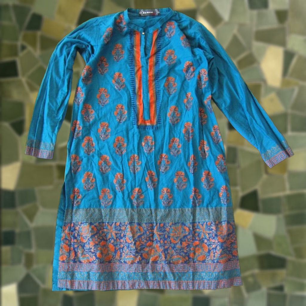 Vintage VINTAGE G-Woman Kurta Dress S/10 100% Cotton Turquoise Green Orange Floral Long Sleeve DressS/10 Size S / US 4 / IT 40 - 1 Thumbnail