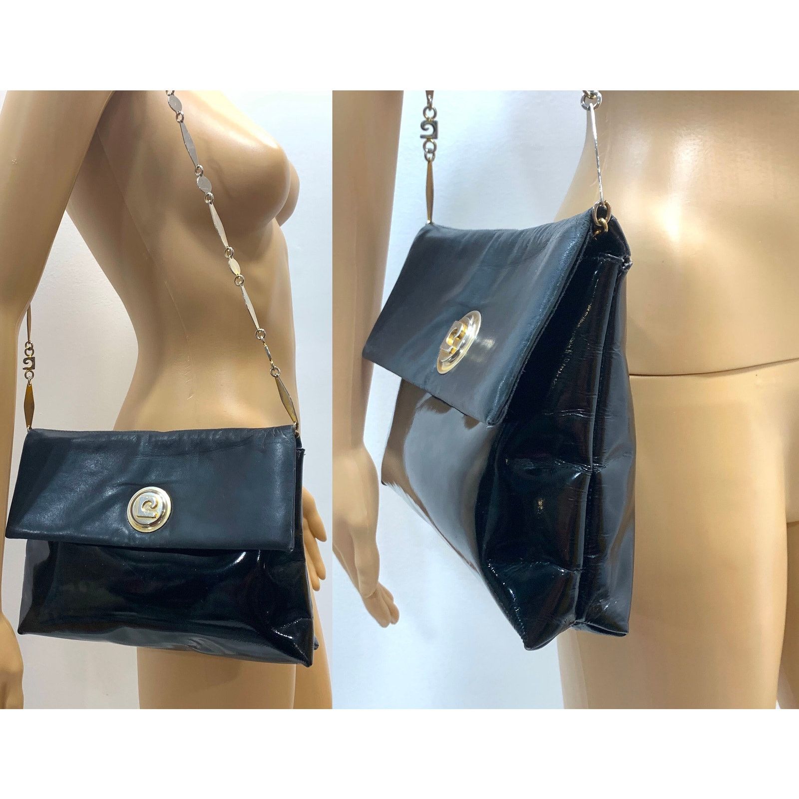 Pierre Cardin 60s MOD Pierre Cardin Black Patent Leather Bag Logo Chain Size ONE SIZE - 1 Thumbnail