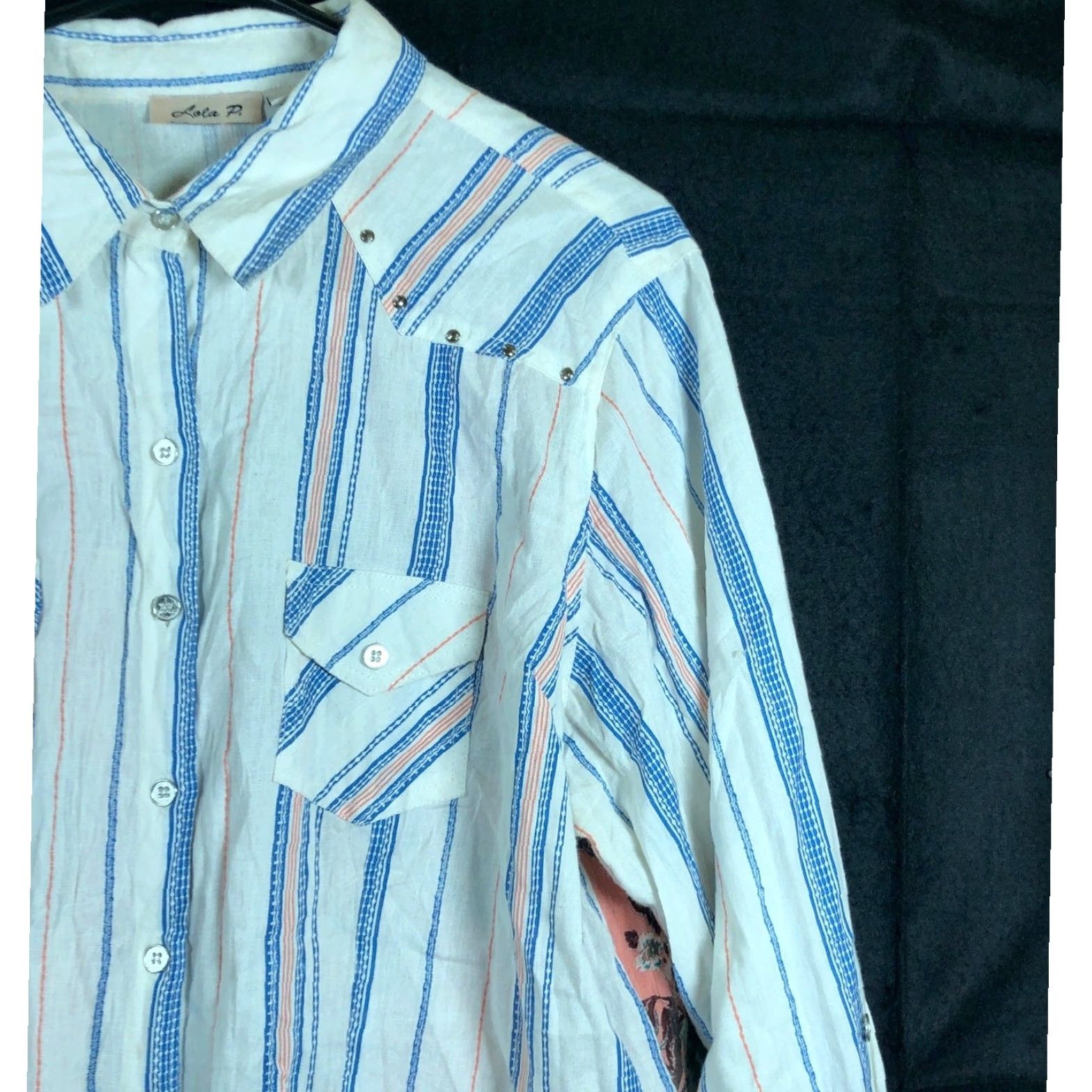 Vintage Lola P Womens Blouse White Multi Striped Floral Button Down Collared XL Size XL / US 12-14 / IT 48-50 - 5 Thumbnail