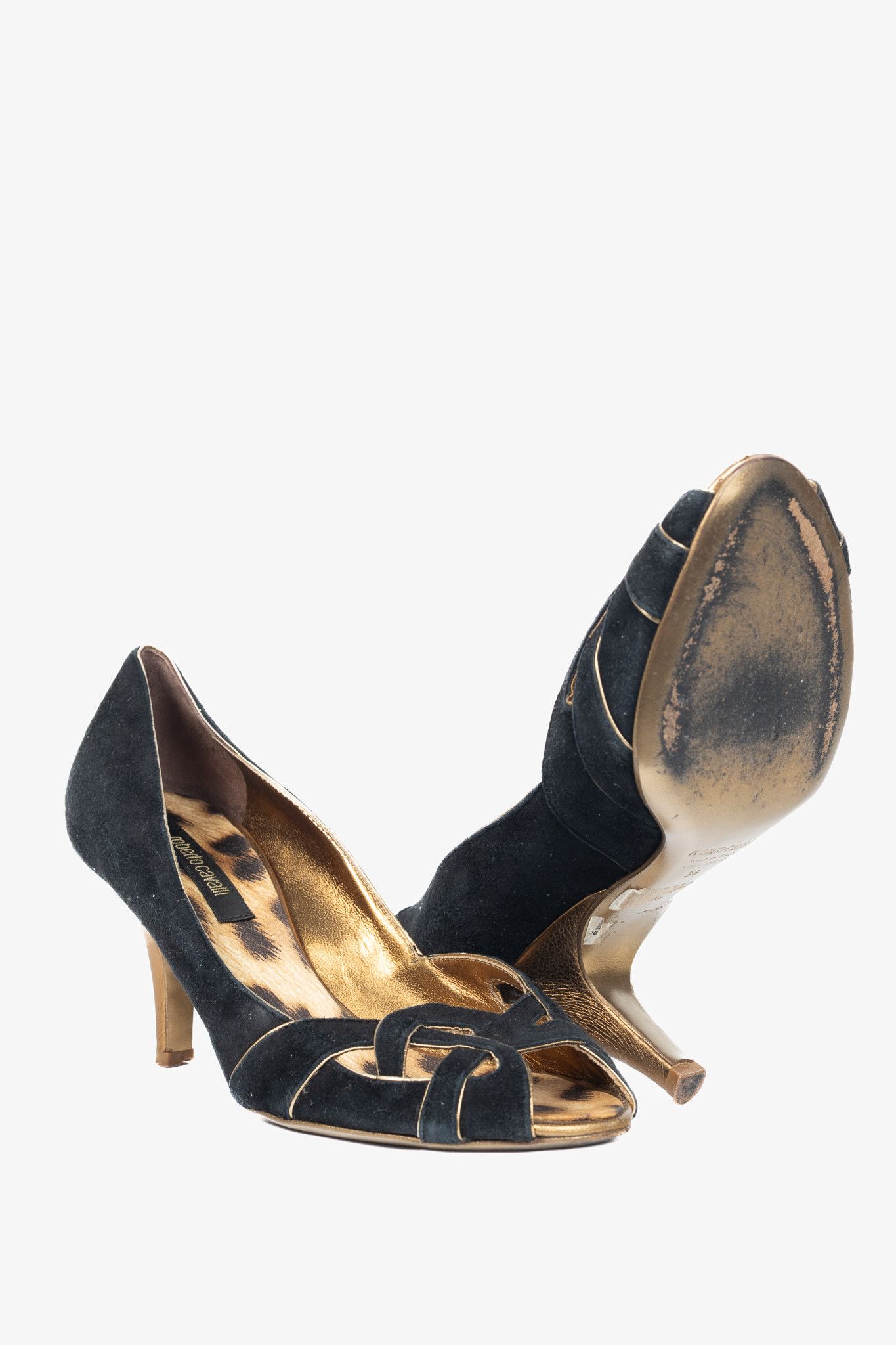 Roberto Cavalli Roberto Cavalli Black Suede Cutout Peep-Toe Heels Size US 5.5 / IT 35.5 - 4 Thumbnail