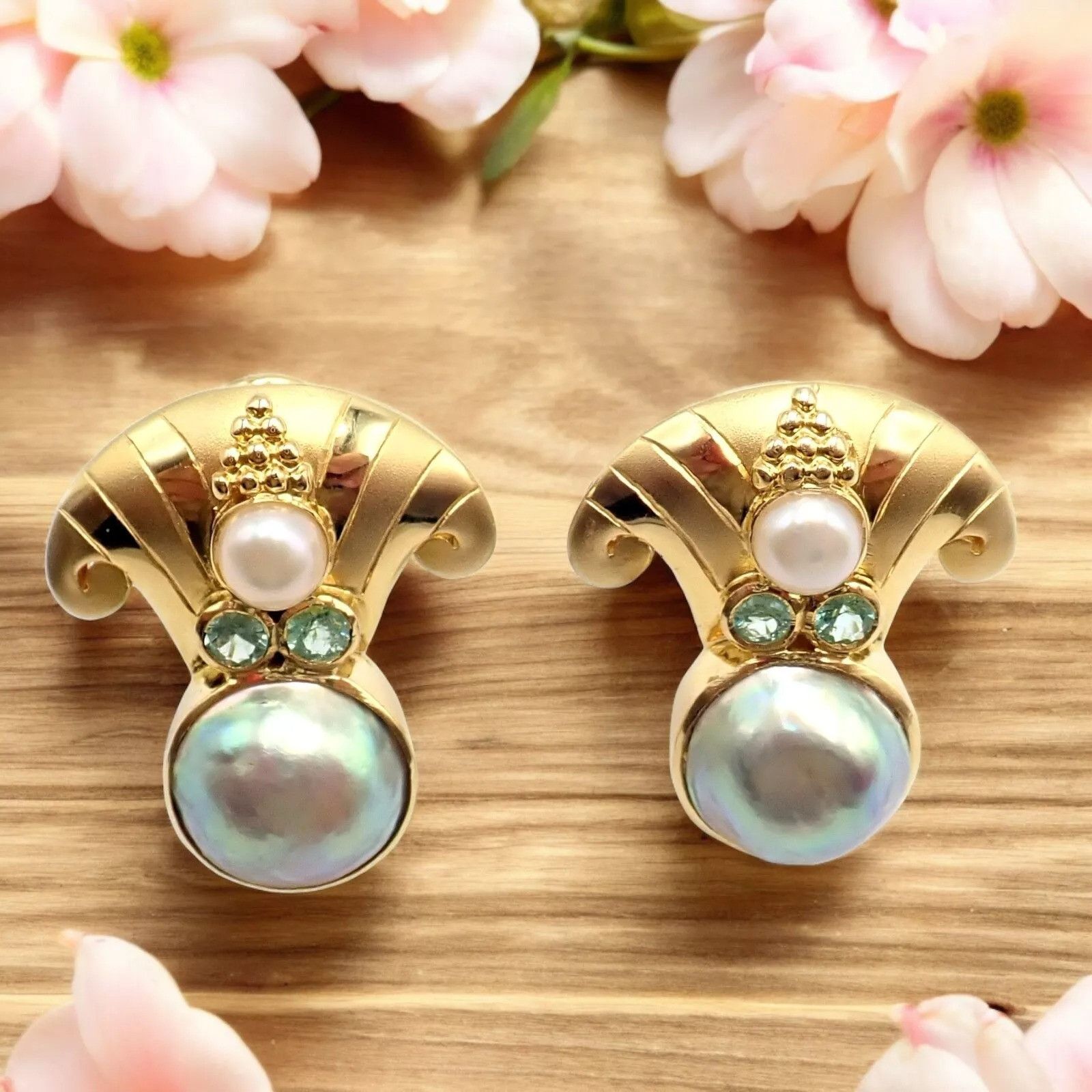Vintage Paula Crevoshay Gold Abalone Pearl Blue Gemstone Earrings Size ONE SIZE - 2 Thumbnail