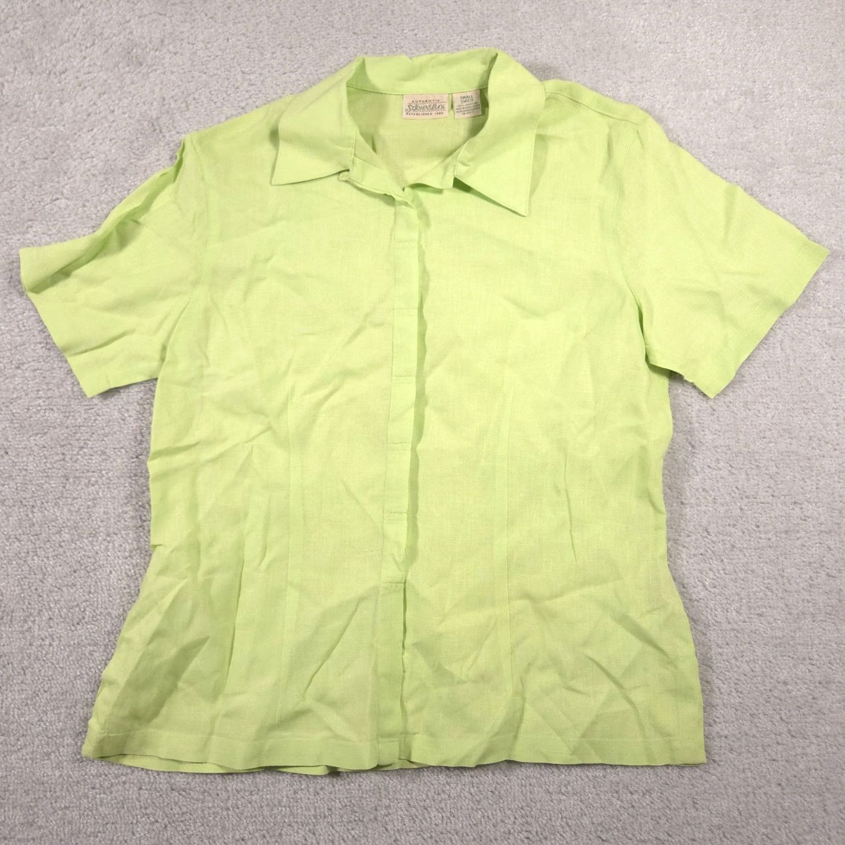 Vintage St. Johns Bay Shirt Womens Small Green Linen Short Sleeve Button Up Collared Top Size S / US 4 / IT 40 - 2 Thumbnail