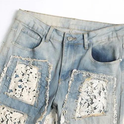 VIBE Floral Patchwork Distressed Baggy Denim Jeans Size US 32 / EU 48 - 6 Thumbnail