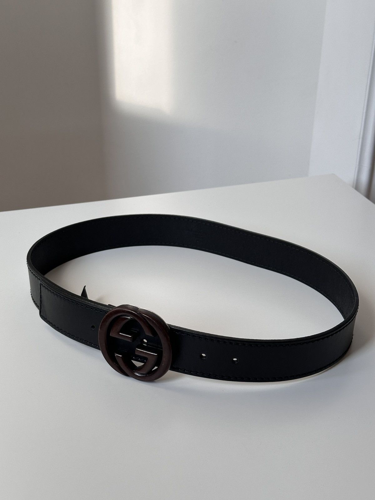 Gucci GUCCI Wooden Brown Buckle Leather Double GG Belt Size: 85/34 Size 30 - 8 Thumbnail